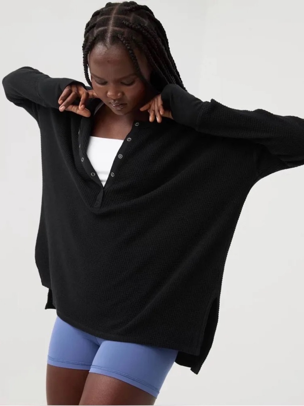 OFFLINE BY AERIE Wow! Waffle Knit Long Sleeve Henley Black Size M